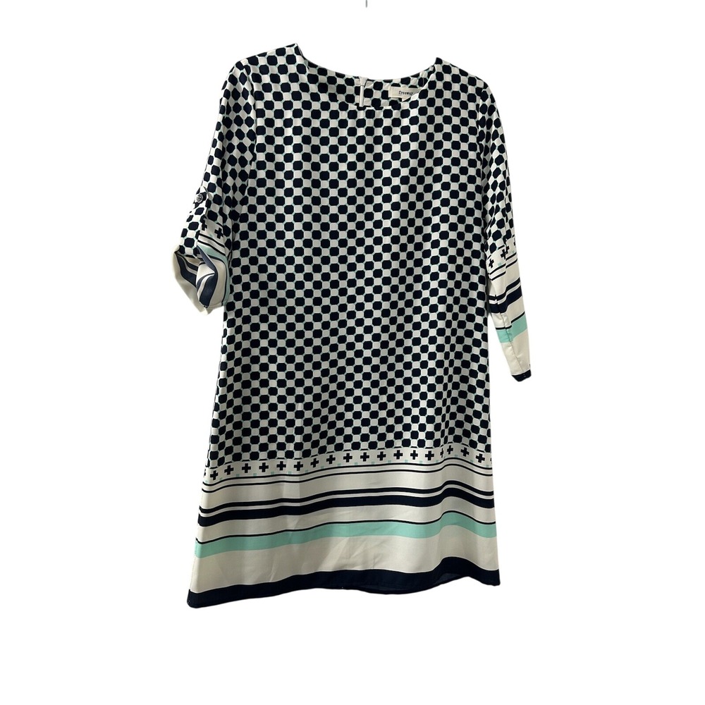 Freeway Geometric Honeycomb Shift Dress M Navy Mint Striped Hem Mod Retro Career